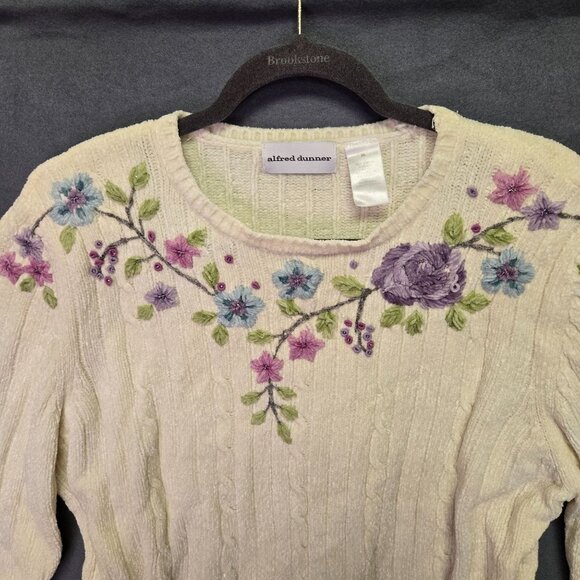 Alfred Dunner Grandmacore Cottage Cozy XL Cream Cable Knit Floral Embroidered Sw - Picture 4 of 9
